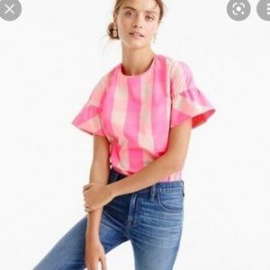 Jcrew Hot Pink Buffalo Plaid Ruffle Blouse